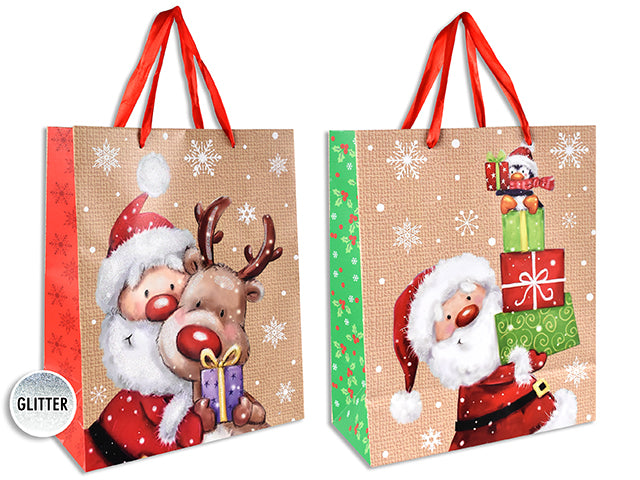 Xmas Matte w/Glitter Santa Giftbag - Jumbo w/Red Satin Handle. 2 Asst.Styles. J-Hook.