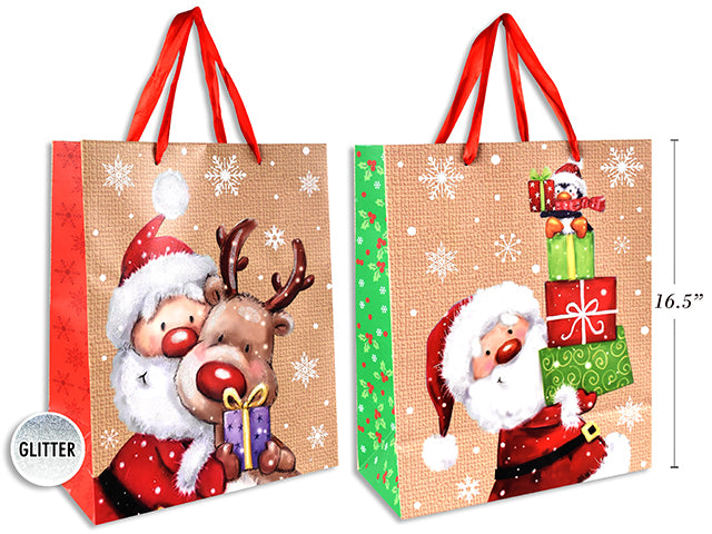 Xmas Matte w/Glitter Santa Giftbag - Jumbo w/Red Satin Handle. 2 Asst.Styles. J-Hook.