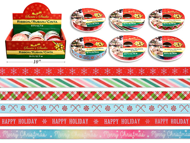 3Yd X 9Mm Xmas Printed Satin Ribbon. 6 Asst.Styles. 36/Dsp.