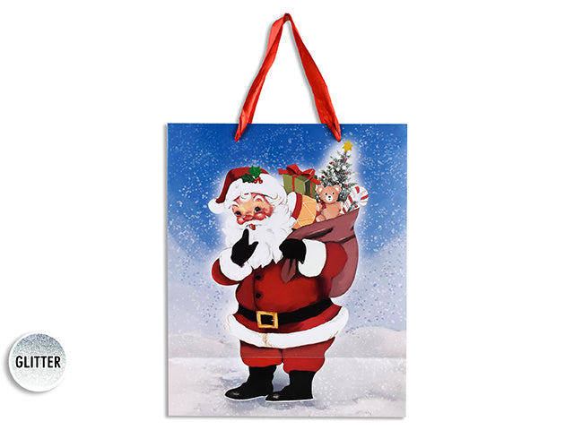 Xmas W/Glitter Vintage Santa / Snowman Giftbag - Medium W/Red Satin Handle. J-Hook.