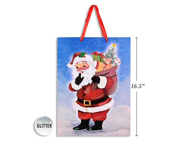 Xmas w/Glitter Vintage Santa Giftbag - Jumbo w/Red Satin Handle. J-Hook.