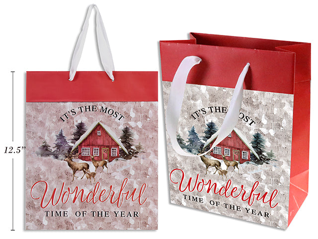 Xmas Matte Red Farmhouse Giftbag - Large W/Red Foldover Cuff + Satin Hanger. J-Hook.