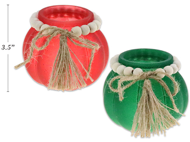 3.5In Xmas Frosted Glass Candle Holder W/Beaded Border + Hemp Tassel.