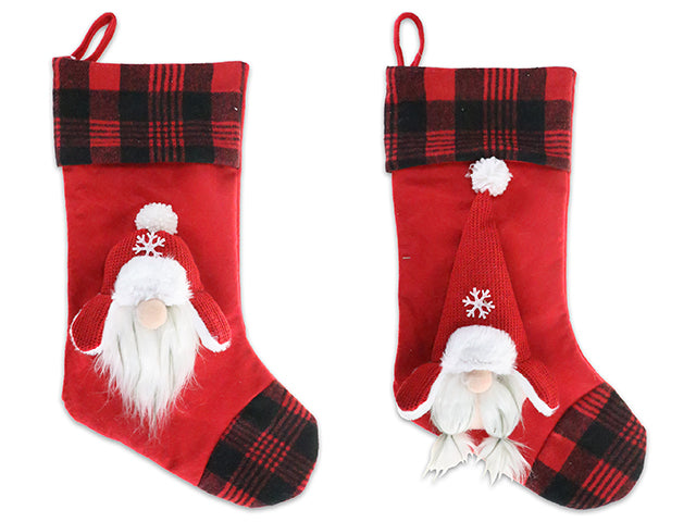 20In Xmas Red Plush Gnome Stocking W/Buffalo Plaid Fold Over Cuff. 2 Asst. Styles. J-Hook. Cht.