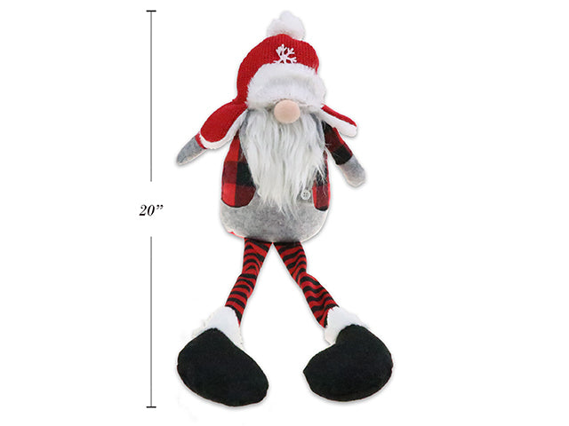 20In Xmas Red & Black Buffalo Plaid Long Legged Plush Sitting Gnome. 2 Asst. Styles. J-Hook. Cht.