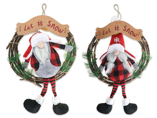 13in Xmas Red & Black Buffalo Plaid Plush Gnome Welcome Wreath w/Jute Hanger. 2 Asst. J-Hook. Cht.