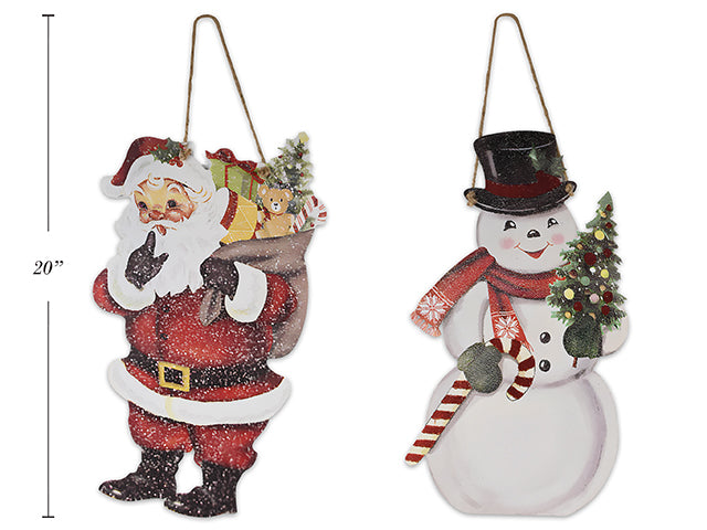 Xmas Vintage Santa / Snowman Metal Plaque W/Jute Hanger. 2 Asst. Styles.