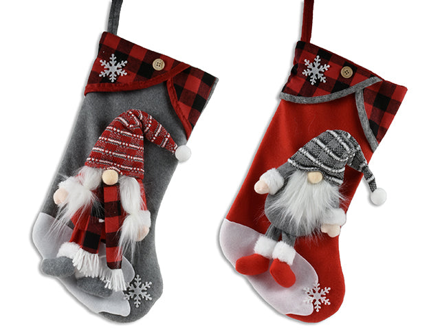 17.75In Xmas Felt 3D Gnome Stocking W/Bufflao Plaid Fold Over Cuff. 2 Asst.Styles. Cht.