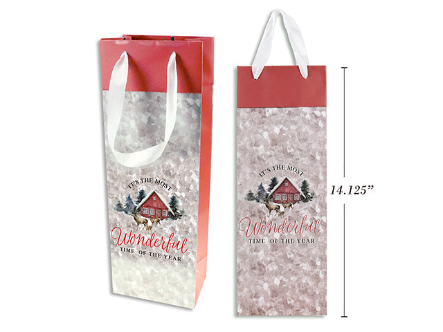 Xmas Matte Red Farmhouse Giftbag - Bottle W/Red Fold-Over Cuff + Satin Hanger. J-Hook.