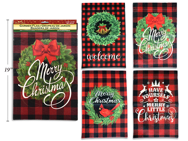 17.75In X 11.75In Xmas Buffalo Plaid Polyester Garden Flag. 4 Asst.Styles. Pbh.