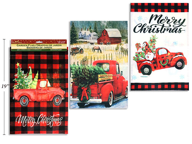 17.75In X 11.75In Xmas Buffalo Plaid Vintage Truck Polyester Garden Flag. 3 Asst.Styles. Pbh.