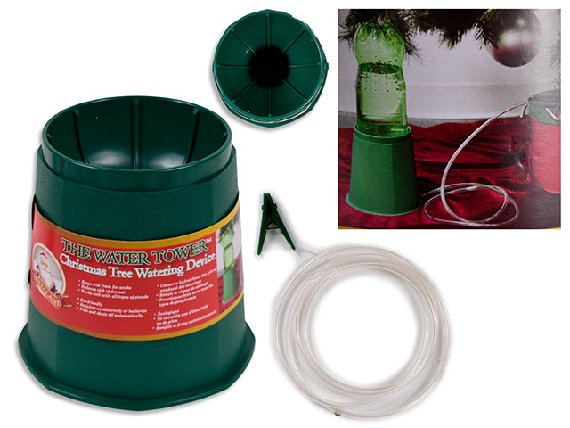 6-5/8n(D) x 6-3/8in(H) Xmas Tree Self Watering Tower. Incl: 5ft Hose + Clip. Sleeve Card.