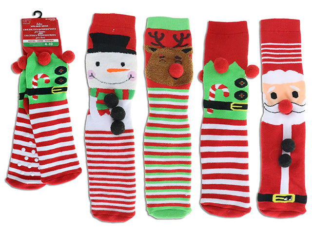 14.17in Ladies Stripped Xmas Insulated Non-Slip Socks w/Pom Poms. One Size. 4 Asst. J-hook w/ h/c.