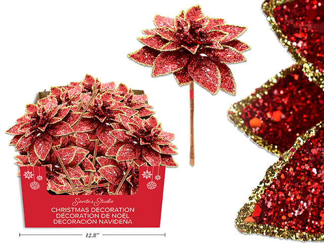 7.28in Red Poinsettia Pick w/Glitter. Gold Glitter Border. 24/Dsp. LBL