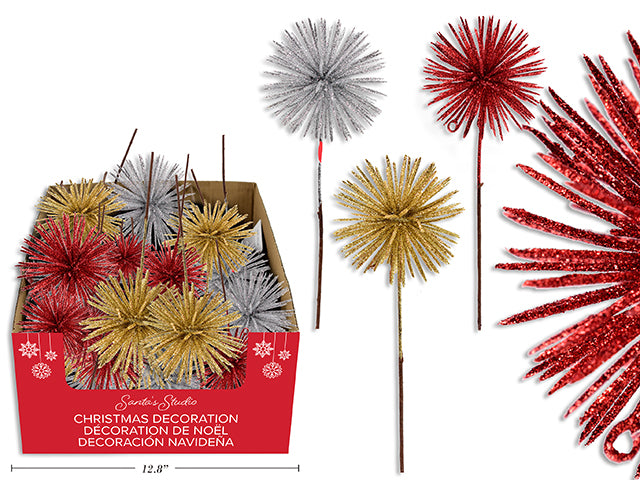 9.84in Glitter Starburst Pick. 3 Asst.Colours.: Silver/Gold/Red. 24/Dsp. LBL.