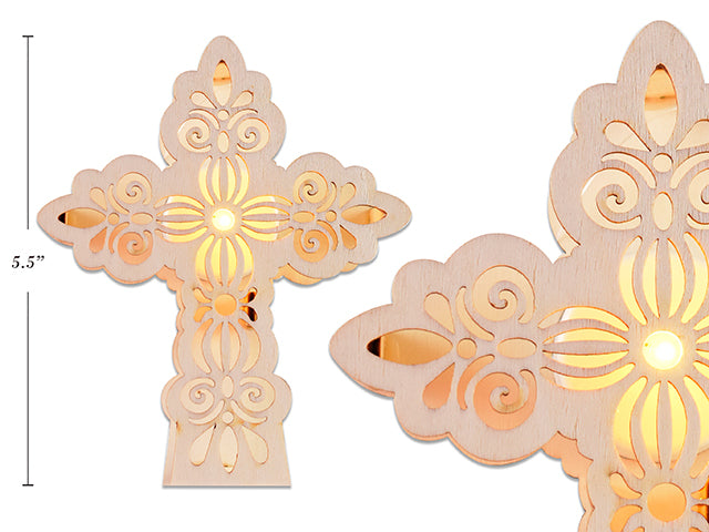 4.5in(W)x5.5in(L)Xmas B/O LED 2- Layered Die-Cut Wooden Cross Decor Light-Up Candle. Cht.