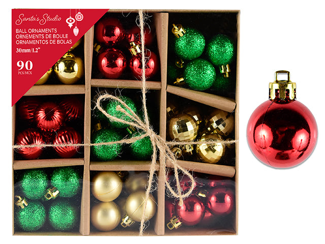 90pk 30mm Xmas Ball Ornament Assortment. 5 Asst. Styles+3 Asst.Cols/Box. Platform Box w/PVC Cover.