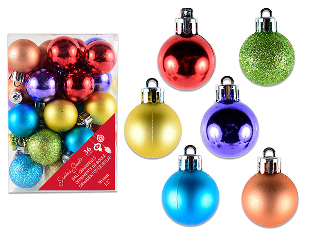 36pk 30mm Glitter/Matte/Shiny Ball Ornament. PVC Box w/LBL.