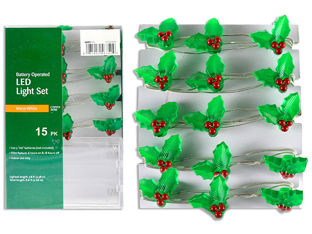 15pk 5ft B/O LED Xmas Holly Berry Leaves Stringlight. Warm White. PVC Box w/Insert.