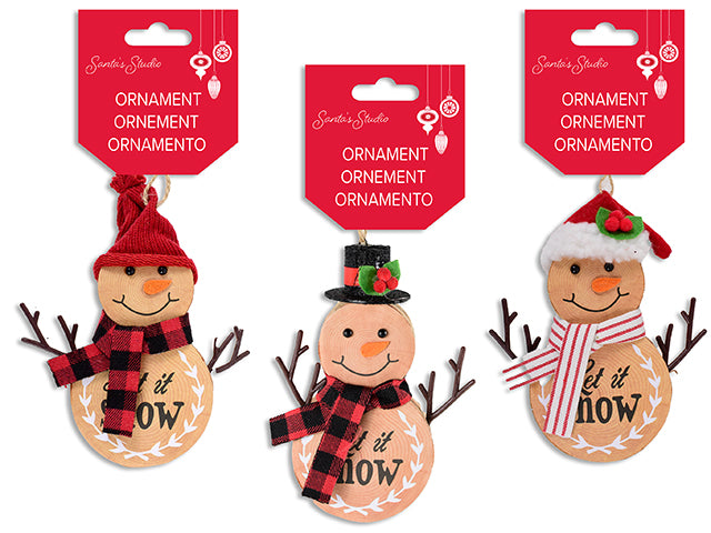 Xmas Wood Look Foam Die-Cut Snowman Ornament w/Jute Hanger. 3 Asst. h/c.