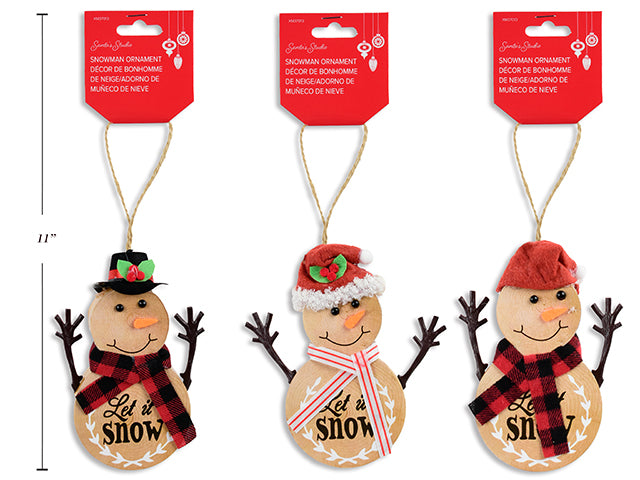 Xmas Wood Look Foam Die-Cut Snowman Ornament w/Jute Hanger. 3 Asst. h/c.