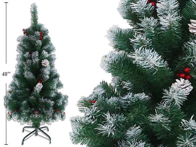 4ft PVC Snow Dusted Xmas Tree w/Pine + Holly Berry. 300 Tips x 6cm Tip Width. White Box w/LBL.