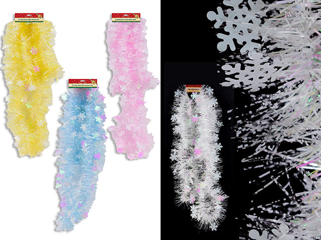 6.56ft x 4ply Xmas Iridescent Snowflake Tinsel Garland. 3.15in Tips. 4 Asst. Fold Over h/c.