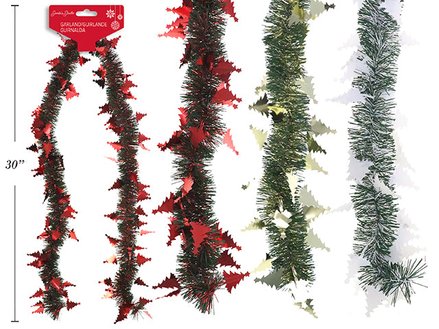 6.56ft x 4ply Xmas Tinsel Garland w/Die-cut Tree. 2.75in Tips. 3 Asst. Fold Over h/c.