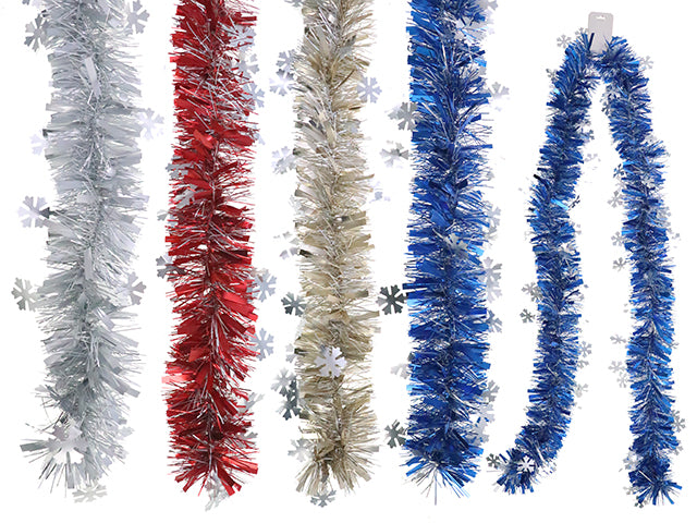 6.56ft x 5ply Xmas 2-Tone Chunky Snowflake Matte Tinsel Garland. 3.94in Tips.4 Asst. Fold Over h/c.