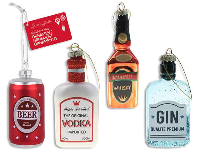 Xmas Spirit Bottle Glass Ornament w/Tinsel Hanger. 4 Asst.Styles: Vodka / Gin / Whisky / Beer. Cht.