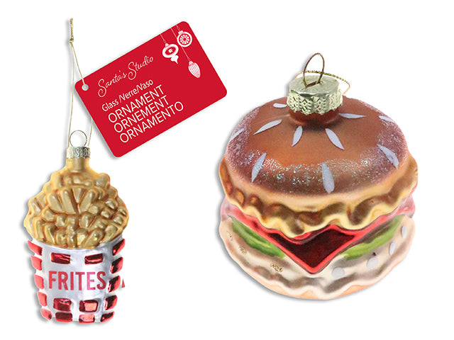 Xmas Hamburger/Fries Glass Ornament w/Tinsel Hanger. Cht.