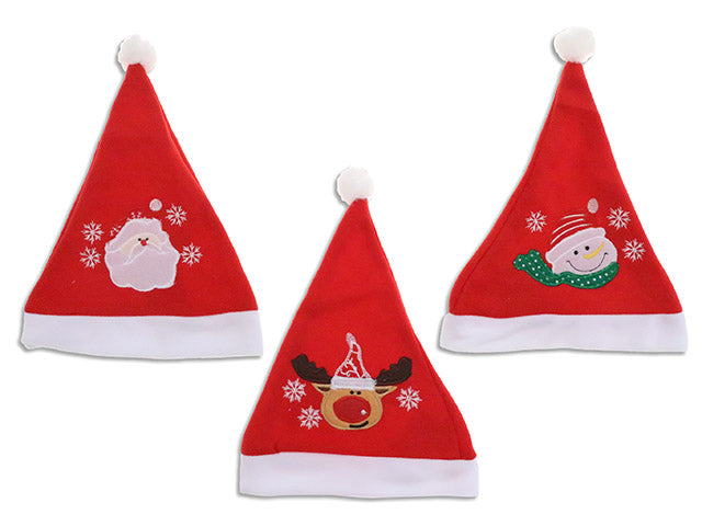 14.5in x 11.25in Xmas Microfiber Embrodied Santa Hat. 3 Asst.Styles. J-Hook w/Cht.