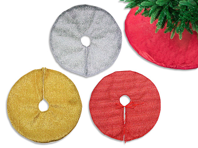 18in Xmas Tinsel Tree Skirt w/Liner. 3 Asst.Colours: Red/Silver/Gold. h/c.