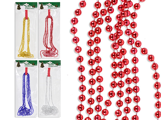 9ft Xmas Beaded Garland. 6mm (D). 4 Asst: Gold / Red / Blue / Silver. Pbh.