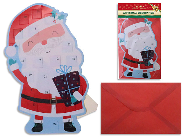 8.66in x 13.2in Xmas Santa Advent Calendar Card w/Stand. Includes: Red Envelope. Pbh.