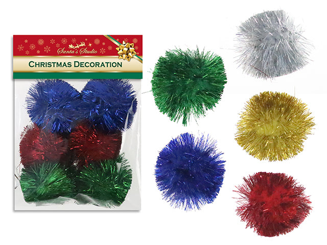 6pk 50mm Xmas Tinsel Pom Poms. 3 Asst.Colours/pk.2 Asst. Pbh.