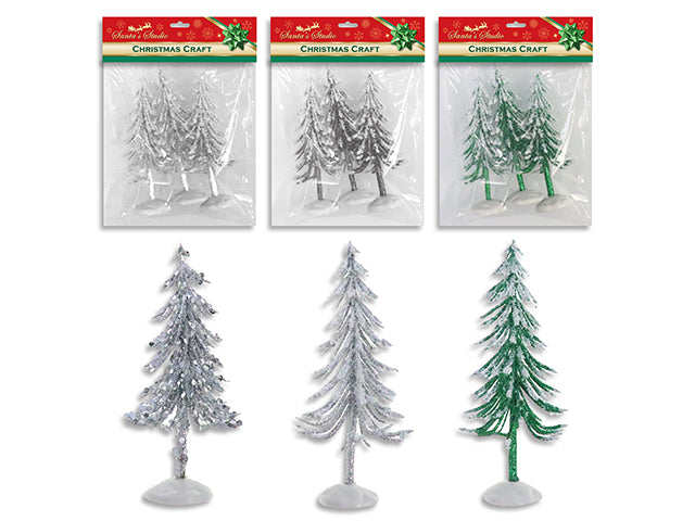 3pk 4.45in Xmas Tree Tabletop Decor w/Plastic Stand. 3 Asst. Foster/ Snow Dusted/Glitter. Pbh.