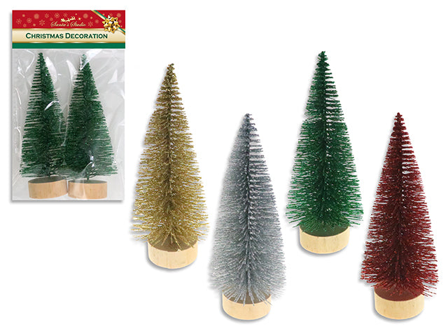 2pk 5.6in Xmas Gltter Bottle Brush Tree Tabletop Decoration w/Wooden Base. 4 Asst. Pbh.