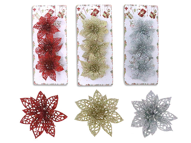 3pk 3.94in Xmas 2-Layer Glitter Poinsettia Clip. 3 Asst: Red/ Gold/ Silver. Toc.