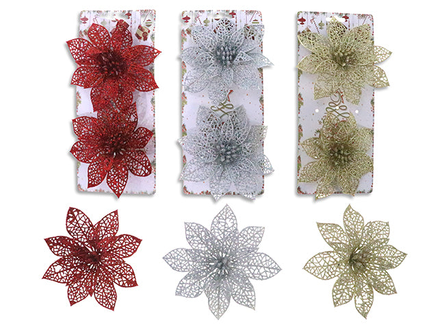 2pk 5.12in Xmas 2-Layer Glitter Poinsettia Clip. 3 Asst: Red/ Gold/ Silver. Toc.