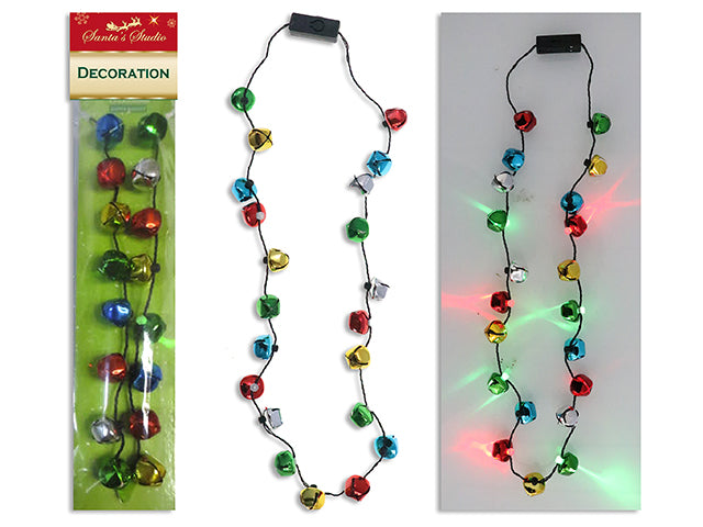 36in B/O 8-LED Xmas Flashing Bells Necklace. 3 Functions. Polybag w/Insert.