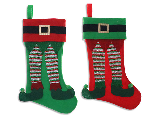 19in Felt Dangling Tinsel Leg Elf Stocking w/4.5in Santa Suit Fold Over Cuff. 2 Asst. J-Hook w/Cht.