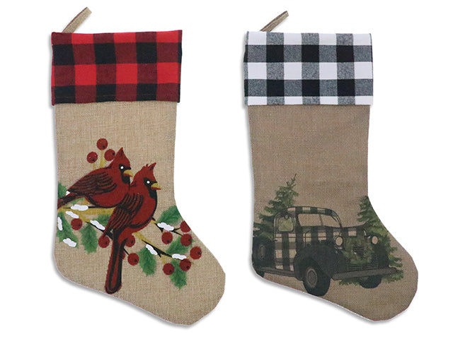 18in Xmas Jute Cardinal / Vintage Truck Stocking. 4-1/8iin Fold Over Cuff. 7.5in(W). J-hook w/Cht.