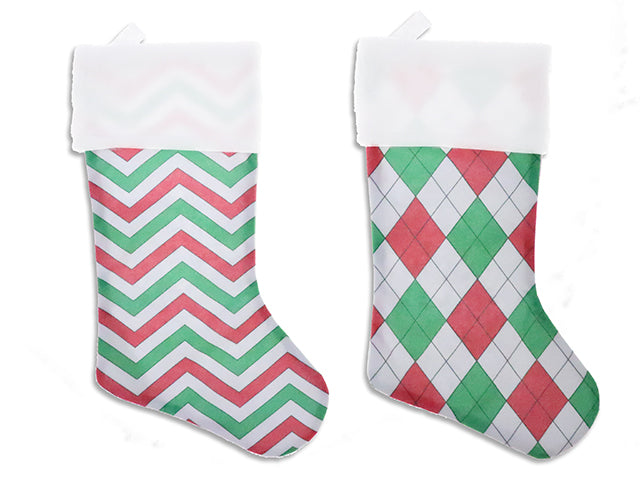 18in Xmas Chevron / Argyle Stocking w/ 4in Plush Fold Over Cuff. 7.5in(W). J-Hook w/Cht.