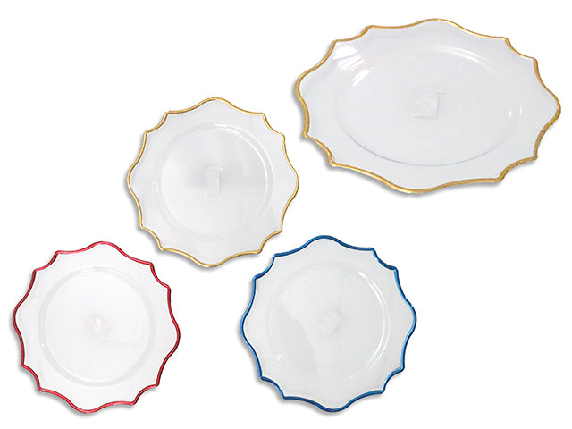 12-7/8in Xmas Crystal Charger Plate w/ Metallic Wavy Border. 3 Asst: Red / Blue / Gold. Col Label