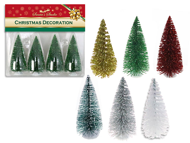 4pk 3-7/8in x 1-5/8in Xmas Snow Tipped / Glitter Bottle Brush Tree.6 Asst.Colours. Clam Shell.