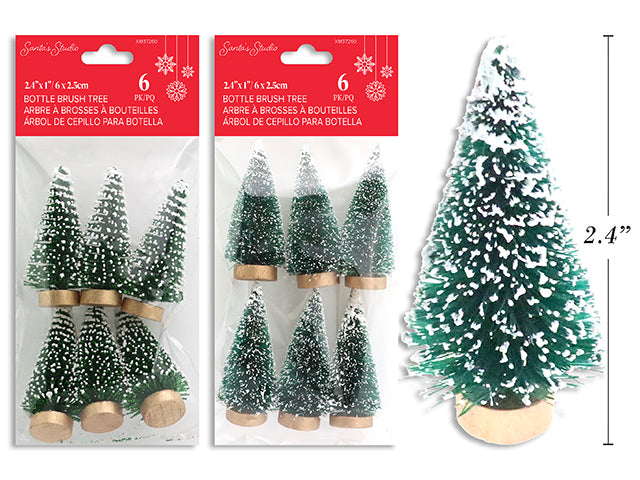 6pk 2.4in Xmas Snow Tipped Bottle Brush Tree w/ Wooden Base. 2 Asst. Pbh.