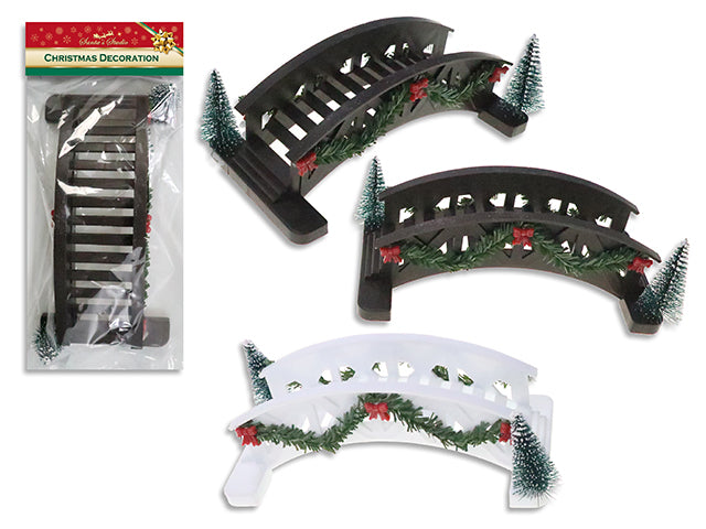 6.93in(L) x 2.36in(H) Plastic Diorama Bridge w/ Pine Decor. 2 Asst.Colours: Brown / White. Pbh.