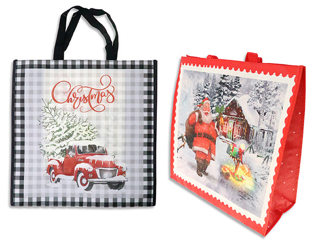 17.7in x 17.7in Xmas Coated Non-Woven Bag w/ Coloured Piping. 7.87in Gusset. 2 Asst. Cht.