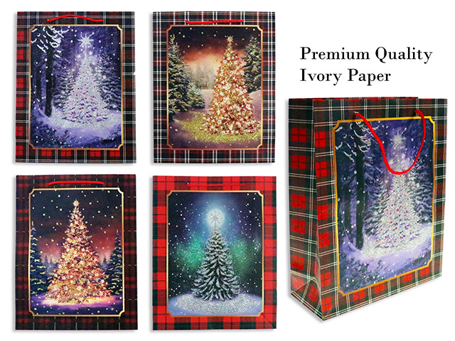 Xmas Glitter Tree Premium Matte Gift Bag w/ Plaid Border -Medium. 4 Asst. Rope Handle. J-hook.